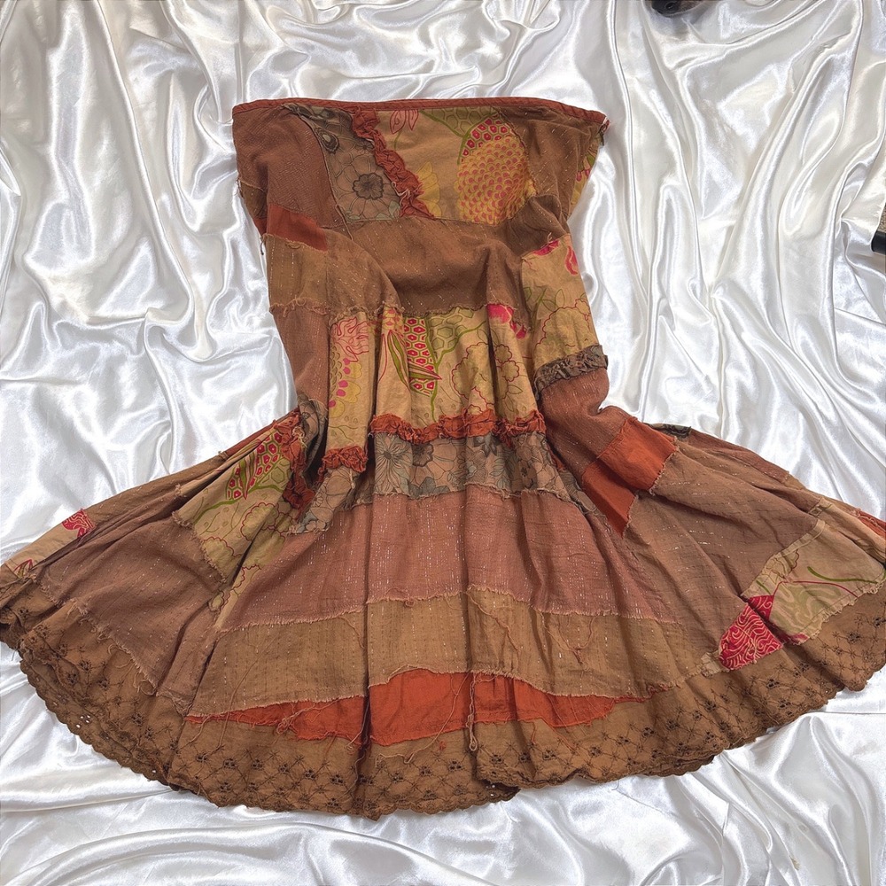 y2k Maurices Skirt Brown Excellent Patchwork Floral Ruffle Eyelet Boho Midi